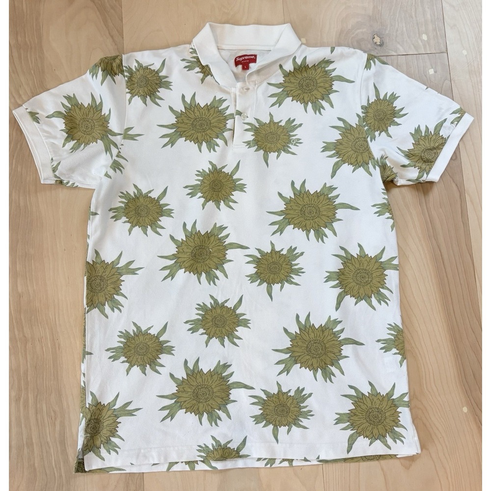 Supreme White Sunflower Print Streetwear Pique Polo Shirt Men's Size L